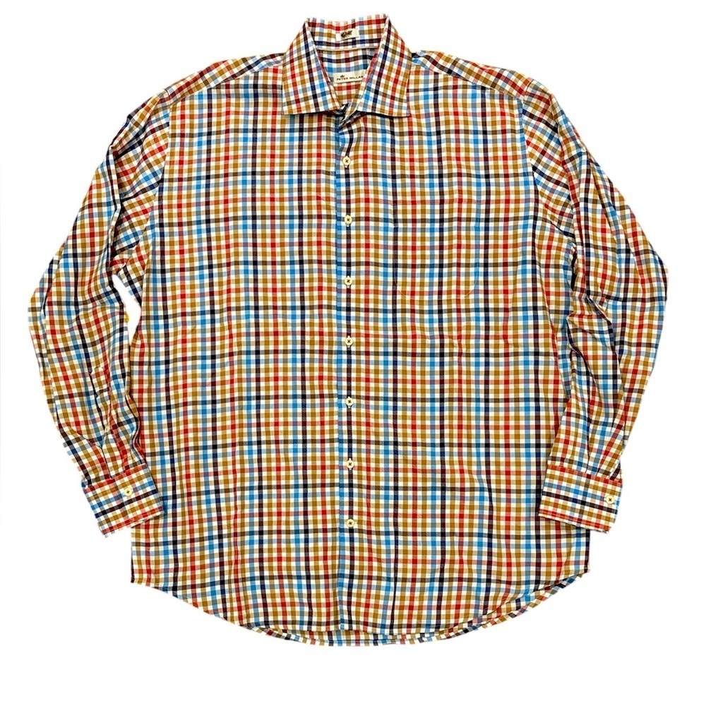 Peter Millar button down dress shirt multi-color check size XL 100% cotton